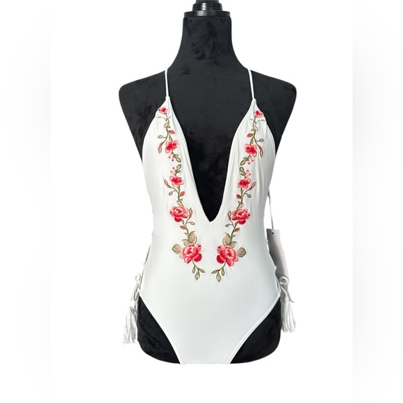 Tobi White Embroidered Floral One Piece Swimsuit XS Deep V Plunge, Lace-Up Sides - Picture 2 of 16